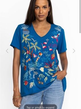 Johnny Was Florida Cap Sleeve everyday Tee embroidered flamingo dolphin palm XL